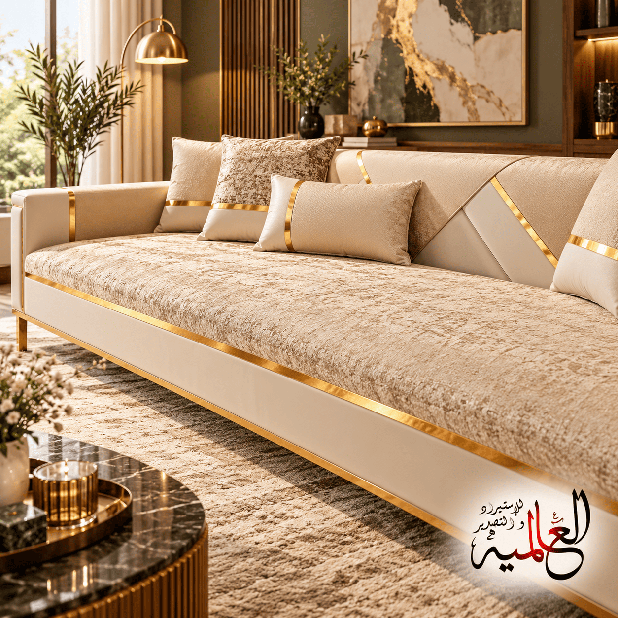 مفرش ركنة فاخر بيج وذهبي